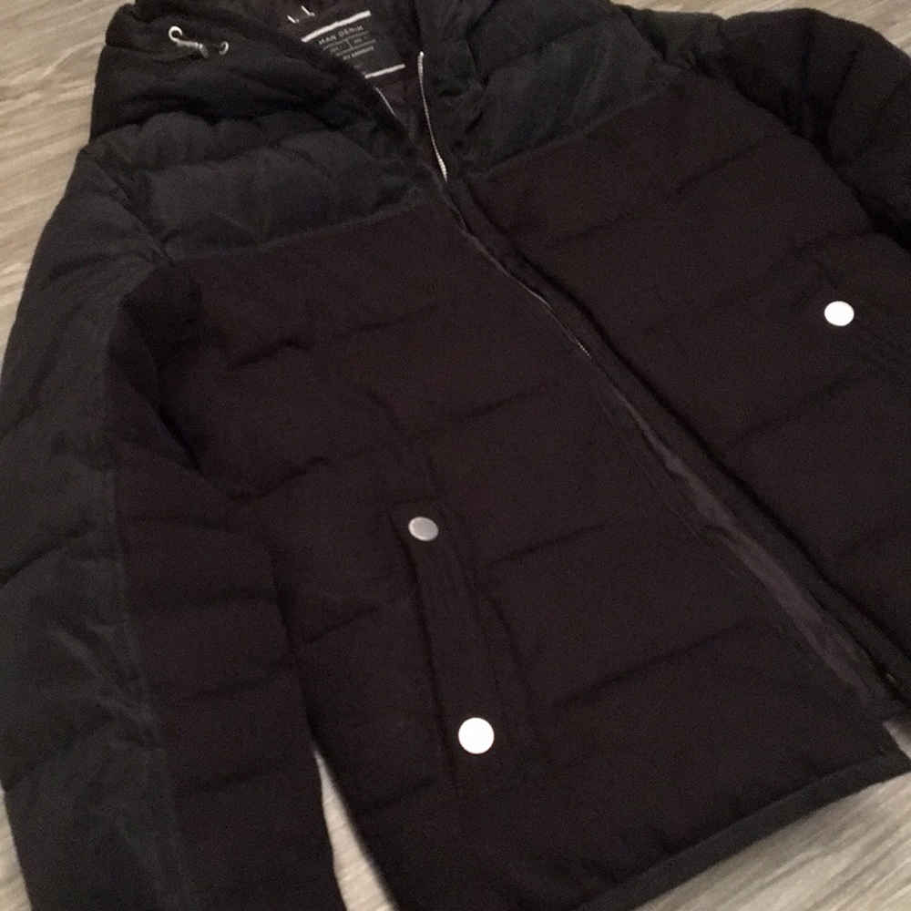 Zara man puffer hooded jacket Sz S full zip black - Picture 3 of 8